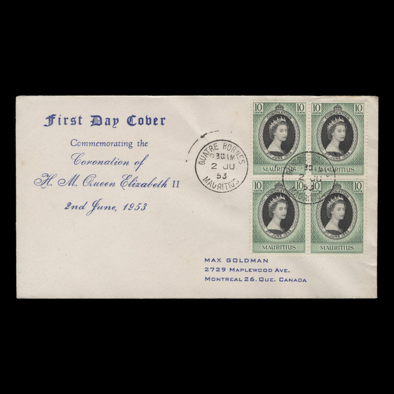 Mauritius 1953 (FDC) 10c Coronation block, QUATRE BORNES