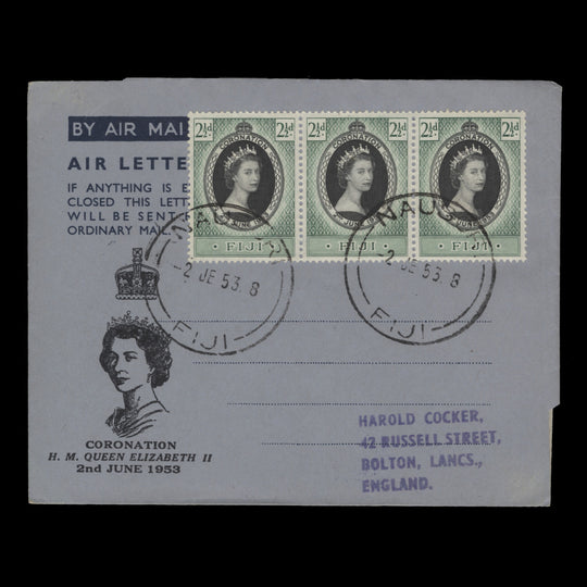 Fiji 1953 (FDA) 2½d Coronation strip, NAUSORI