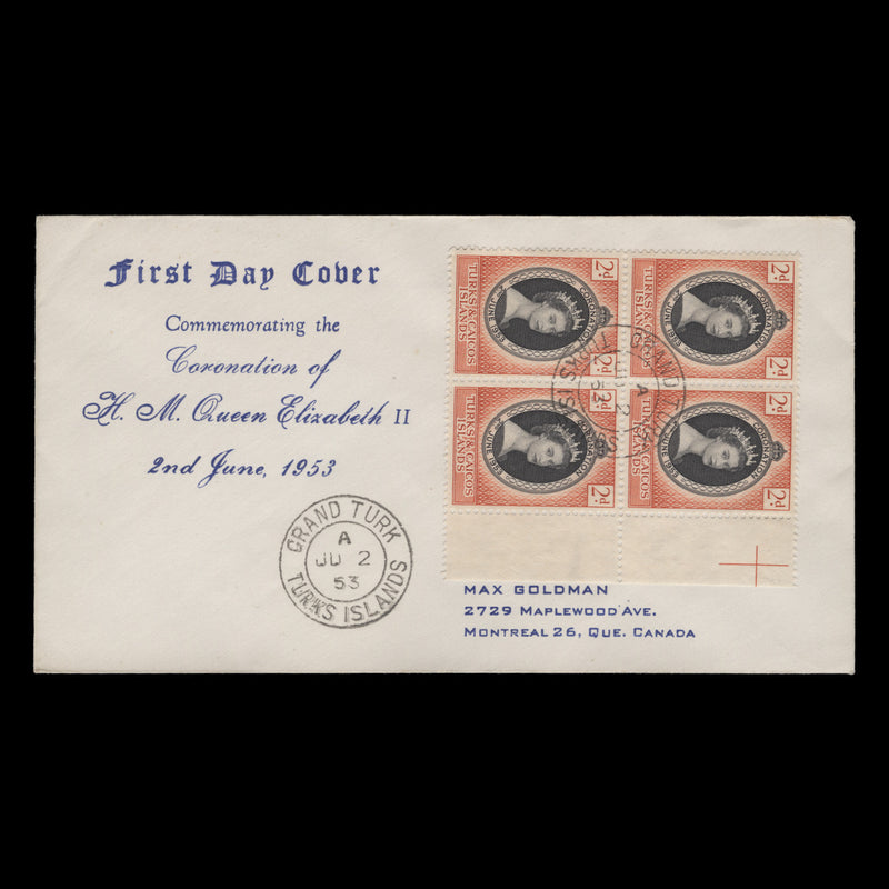 Turks & Caicos Islands 1953 (FDC) 2d Coronation block, GRAND TURK