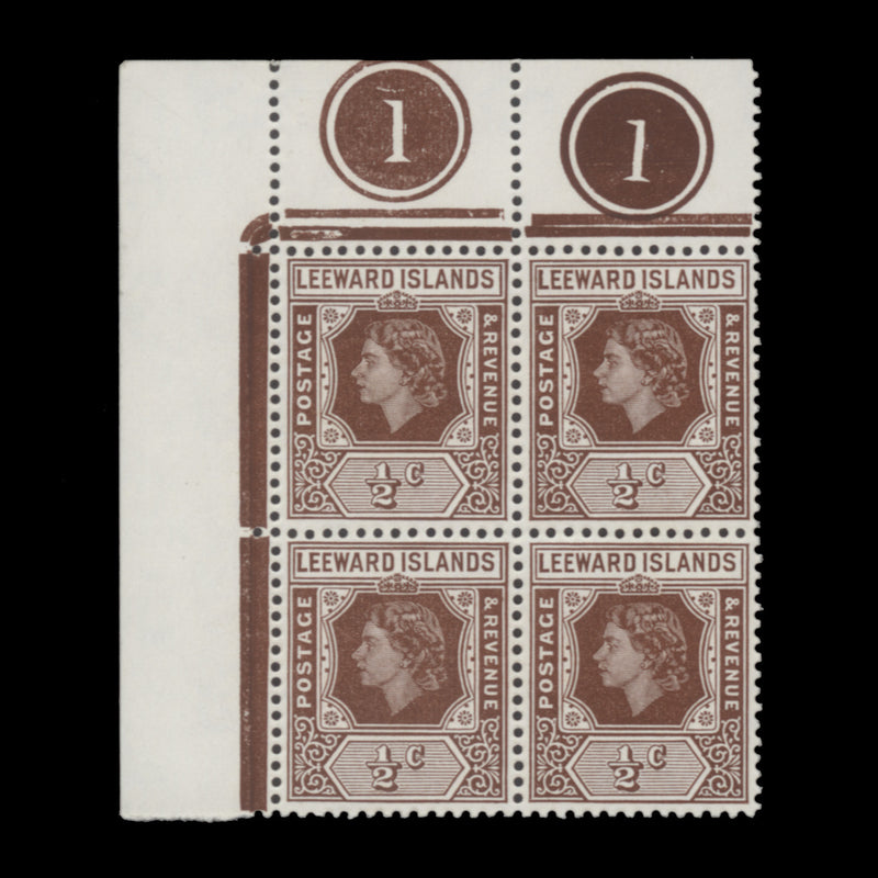 Leeward Islands 1954 (MNH) ½c Queen Elizabeth II plate block with loop flaw