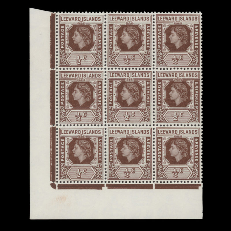 Leeward Islands 1954 (MNH) ½c Queen Elizabeth II block with neck flaw