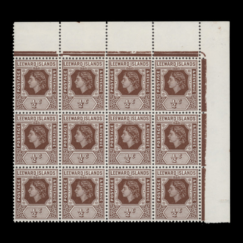 Leeward Islands 1954 (MNH) ½c Queen Elizabeth II block with dented frame flaw