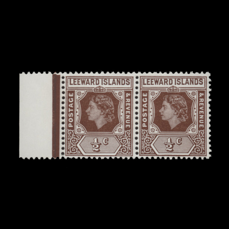 Leeward Islands 1956 (MNH) ½c Queen Elizabeth II pair with spur flaw on 'U'