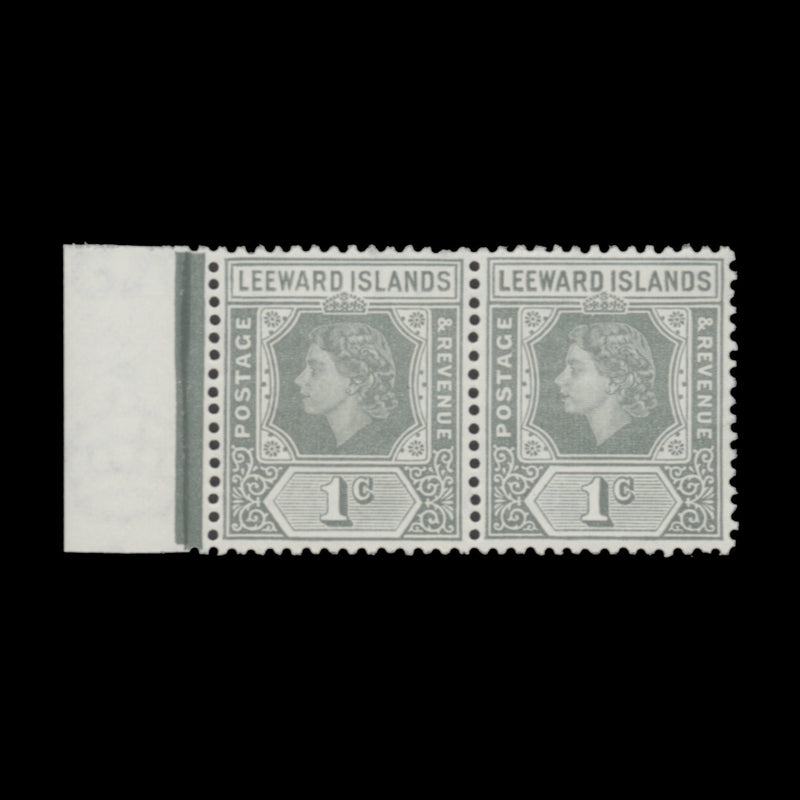 Leeward Islands 1954 (MNH) 1c Queen Elizabeth II pair with spur flaw on 'U'