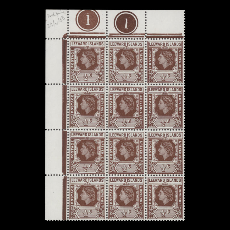 Leeward Islands 1956 (MNH) ½c Queen Elizabeth II plate block with flaws