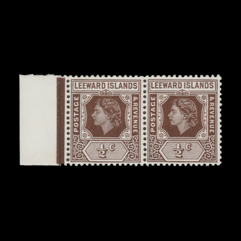 Leeward Islands 1954 (MNH) ½c Queen Elizabeth II pair with spur flaw on 'U'