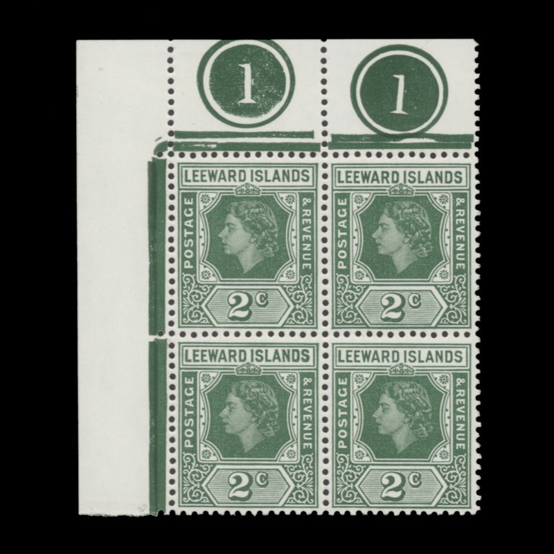 Leeward Islands 1954 (MNH) 2c Queen Elizabeth II plate block with loop flaw
