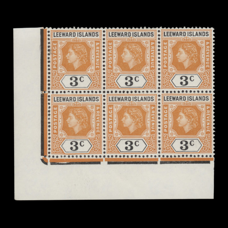 Leeward Islands 1954 (MNH) 3c Queen Elizabeth II block with neck flaw