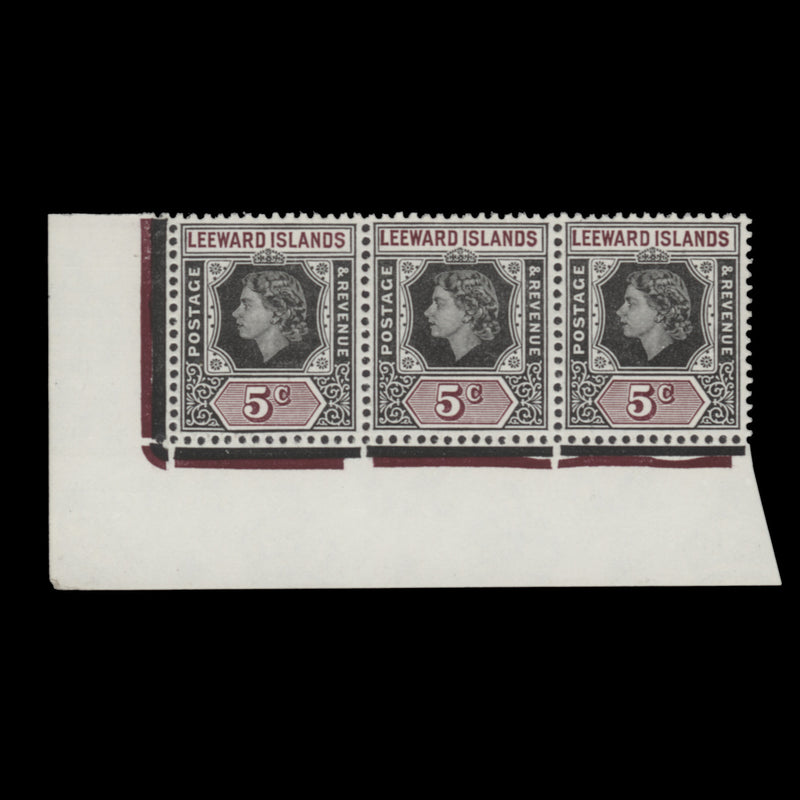 Leeward Islands 1954 (MNH) 5c Queen Elizabeth II strip with neck flaw