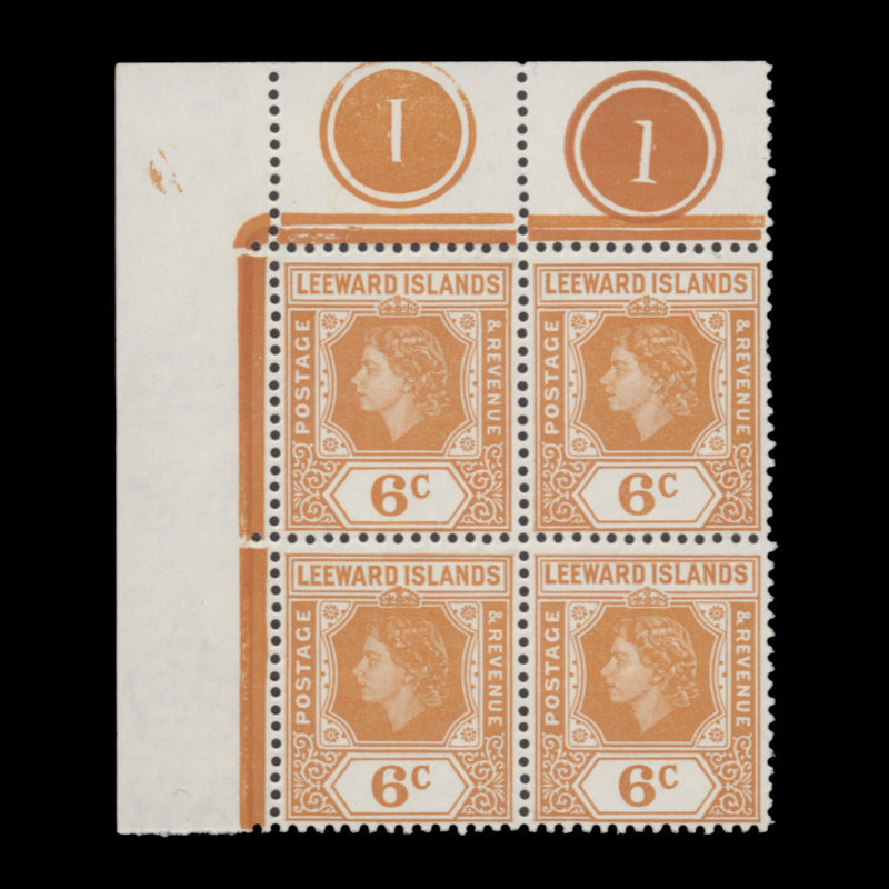 Leeward Islands 1954 (MNH) 6c Queen Elizabeth II plate block with loop flaw