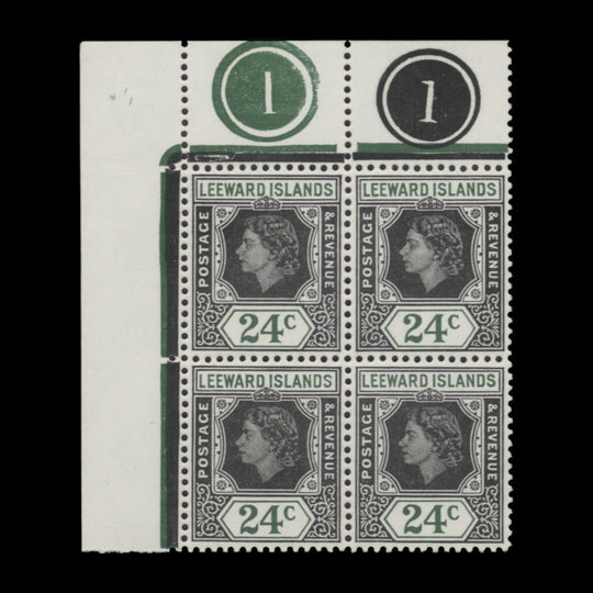 Leeward Islands 1954 (MNH) 24c Queen Elizabeth II plate block with loop flaw