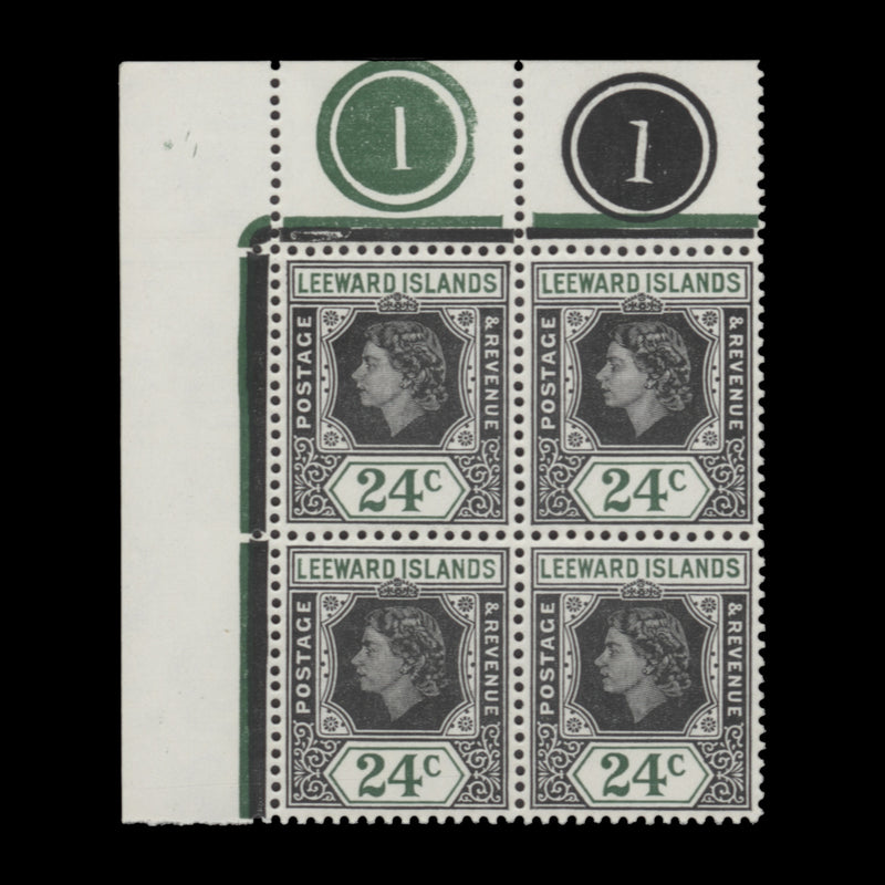 Leeward Islands 1954 (MNH) 24c Queen Elizabeth II plate block with loop flaw