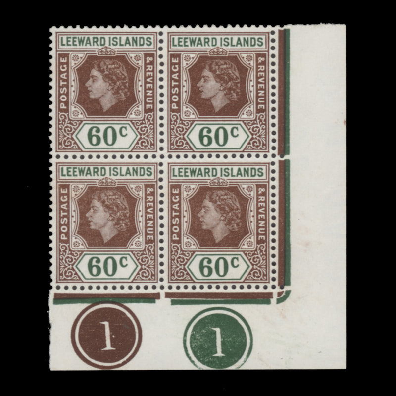 Leeward Islands 1954 (MNH) 60c Queen Elizabeth II plate block