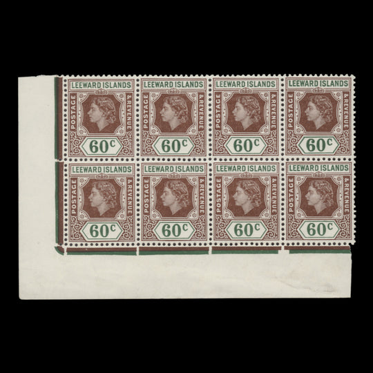 Leeward Islands 1954 (MNH) 60c Queen Elizabeth II block with neck flaw