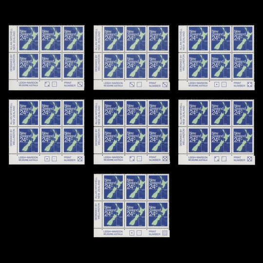 New Zealand 1982 (MNH) 24c Map imprint/plate blocks, perf 14¼ x 14
