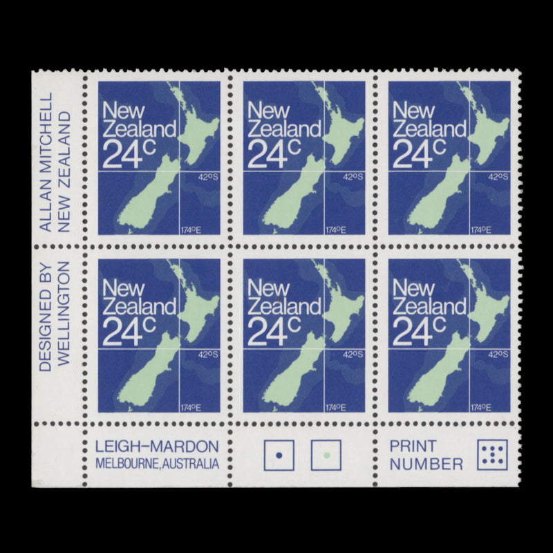 New Zealand 1982 (MNH) 24c Map imprint/plate 1–1–7 block, perf 14¼ x 14