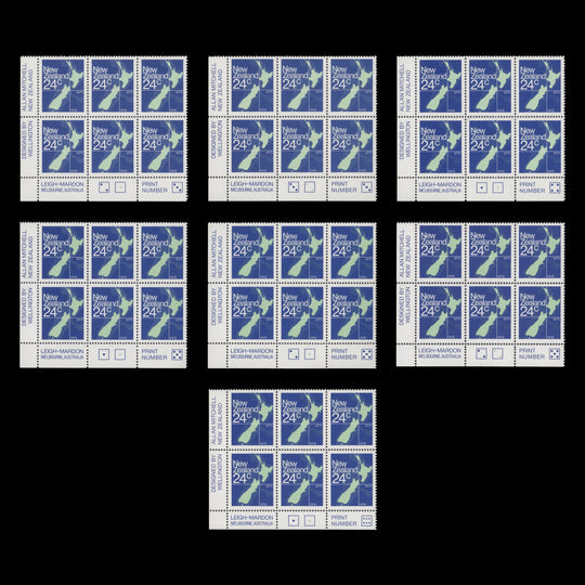 New Zealand 1982 (MNH) 24c Map imprint/plate blocks, perf 14¼ x 14