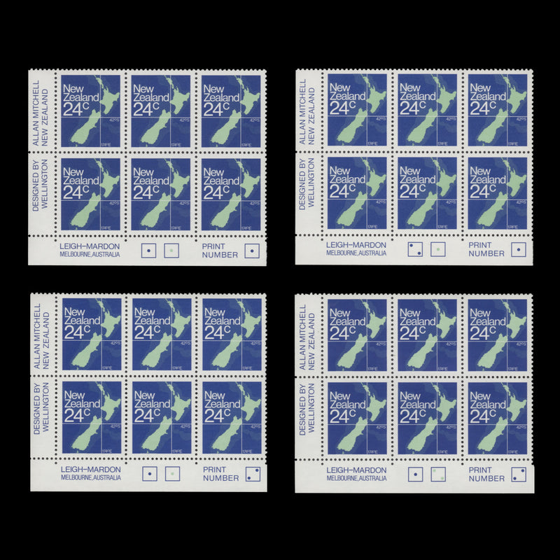 New Zealand 1982 (MNH) 24c Map imprint/plate blocks, perf 12¾ x 12½