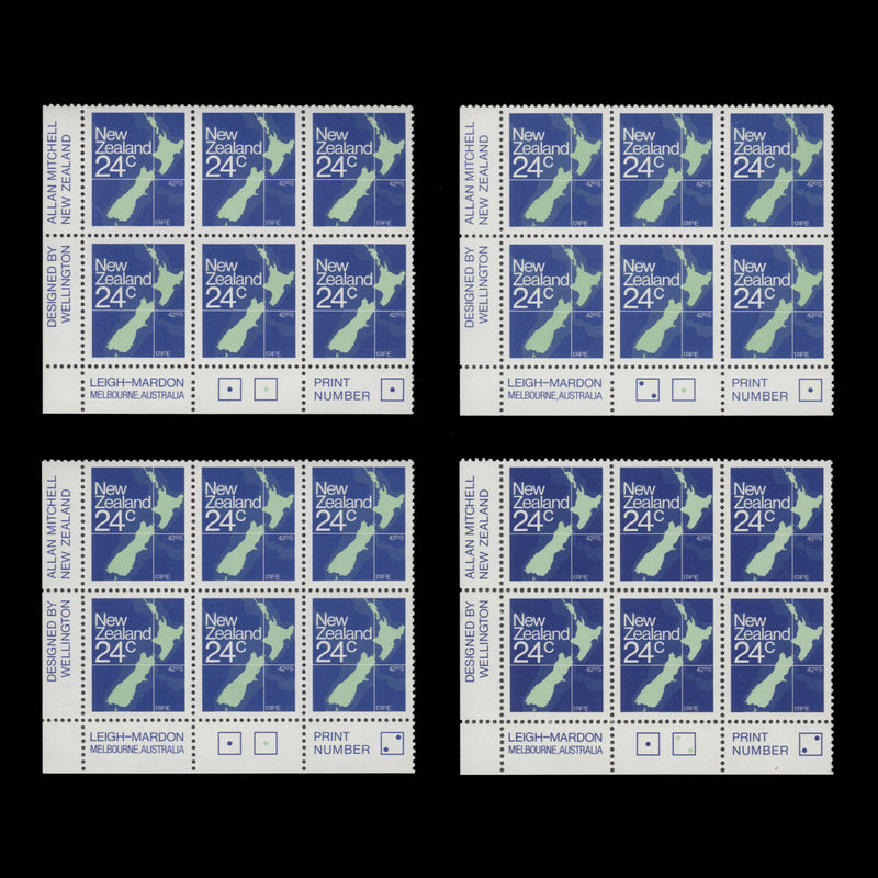 New Zealand 1982 (MNH) 24c Map imprint/plate blocks, perf 12¾ x 12½