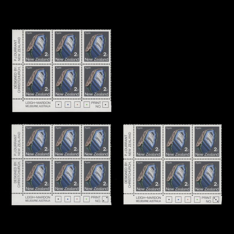 New Zealand 1982 (MNH) 2c Agate imprint/plate blocks, perf 14¼ x 14