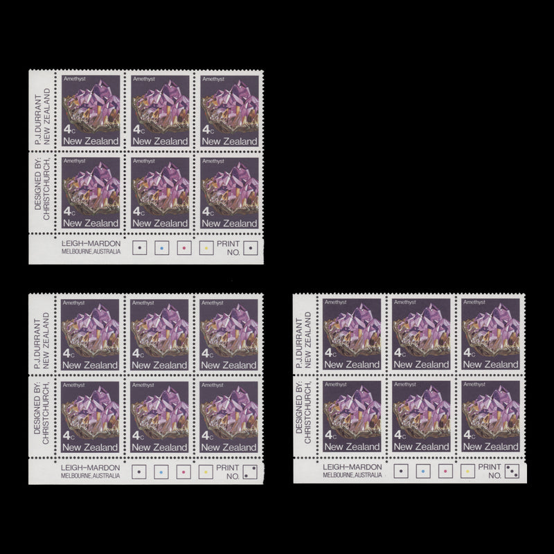 New Zealand 1982 (MNH) 4c Amethyst imprint/plate blocks, perf 14¼ x 14