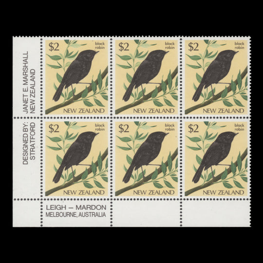 New Zealand 1985 (MNH) $2 Black Robin imprint block, white paper