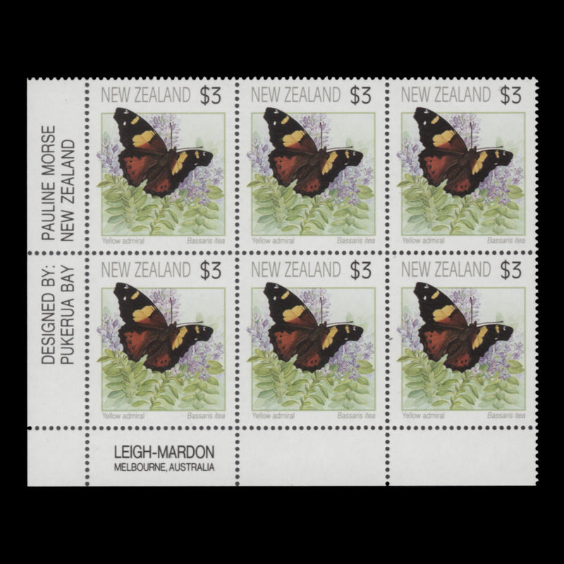 New Zealand 1991 (MNH) $3 Yellow Admiral imprint block