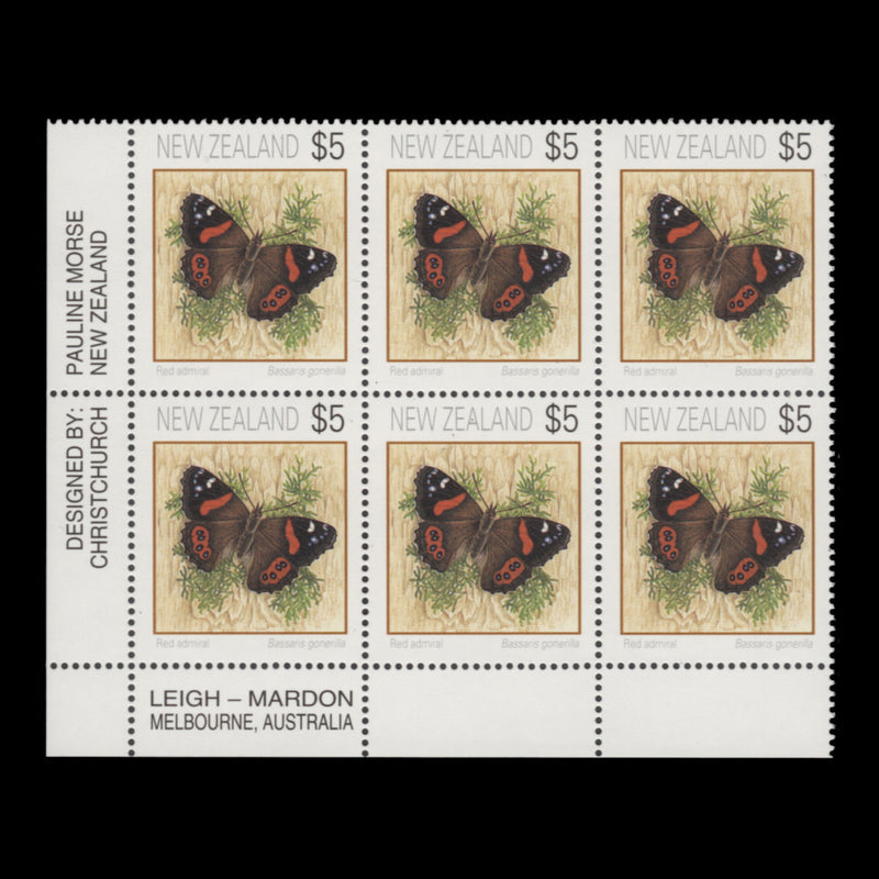 New Zealand 1995 (MNH) $5 Red Admiral imprint block