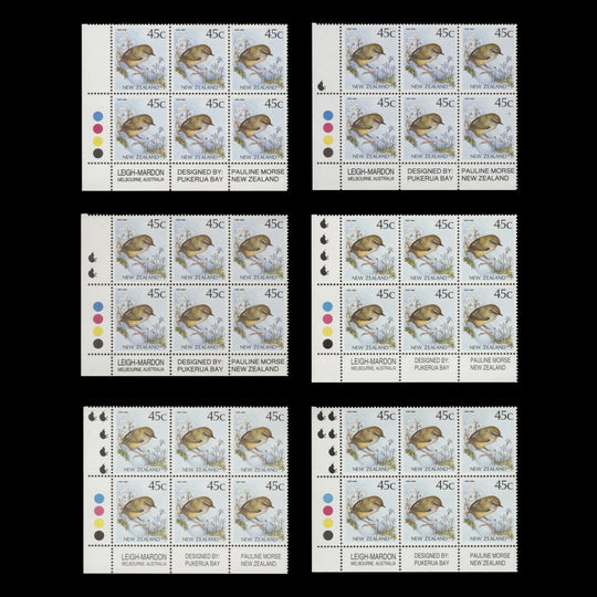 New Zealand 1991 (MNH) 45c Rock Wren imprint/reprint blocks