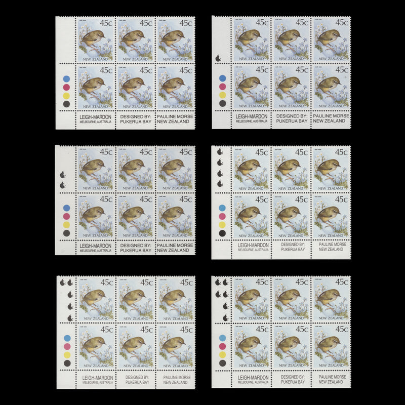 New Zealand 1991 (MNH) 45c Rock Wren imprint/reprint blocks