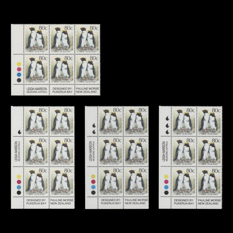 New Zealand 1988 (MNH) 80c Fiordland Crested Penguin imprint/reprint blocks