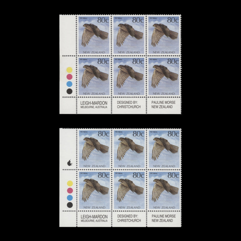 New Zealand 1993 (MNH) 80c Falcon imprint/reprint blocks