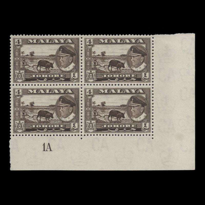 Johore 1960 (MLH) 4c Ricefield plate 1A block