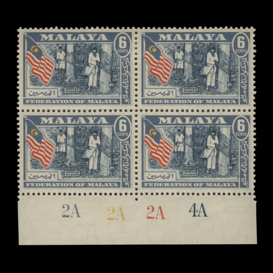 Malaya 1957 (MLH) 6c Tapping Rubber plate 2A–2A–2A–4A block, type 1