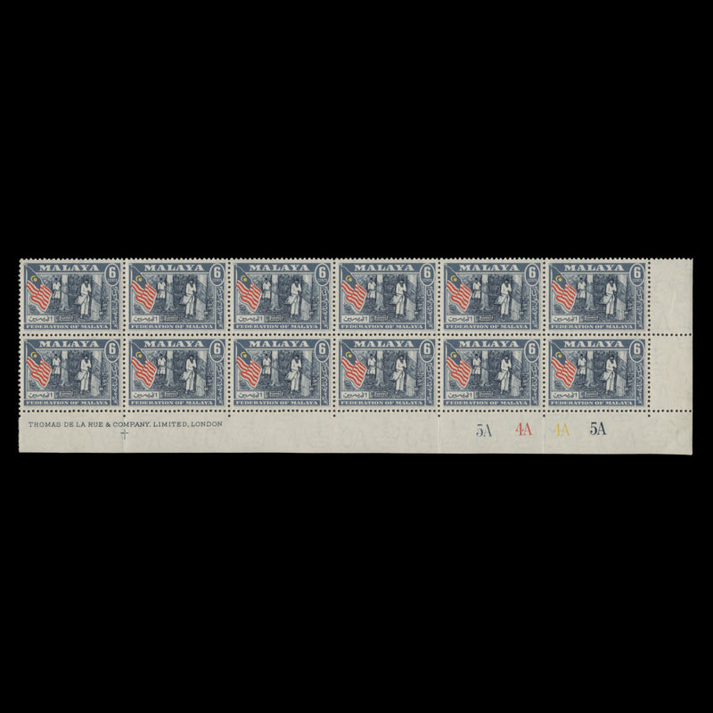Malaya 1961 (MNH) 6c Tapping Rubber imprint/plate 5A–4A–4A–5A block