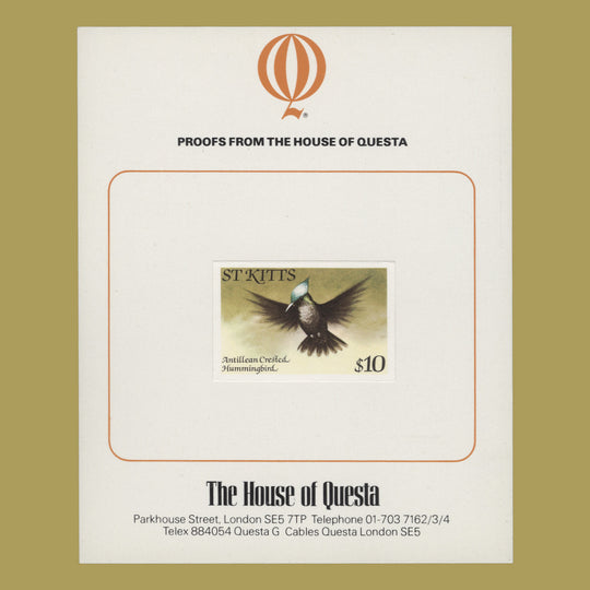 Saint Kitts 1981 Crested Hummingbird imperf proof single on presentation card