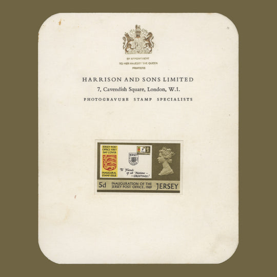 Jersey 1969 5d Post Office Inauguration imperf essay on presentation card