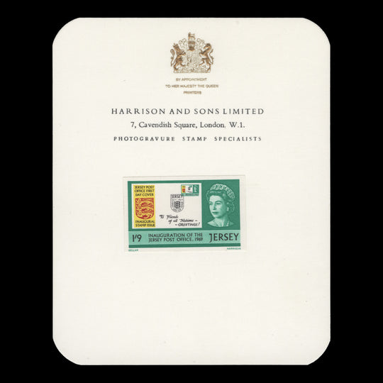 Jersey 1969 1s9d Post Office Inauguration imperf proof on presentation card
