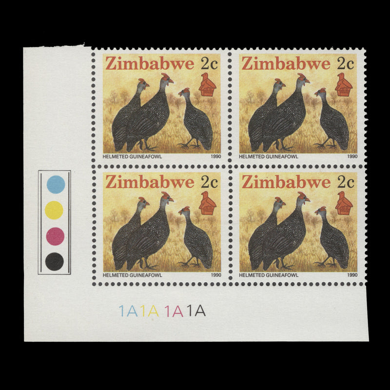 Zimbabwe 1990 (MNH) 2c Helmeted Guineafowl plate 1A–1A–1A–1A block, perf 14½ x 14½