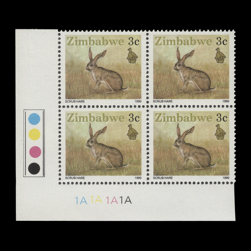 Zimbabwe 1990 (MNH) 3c Scrub Hare plate 1A–1A–1A–1A block, perf 14 x 14