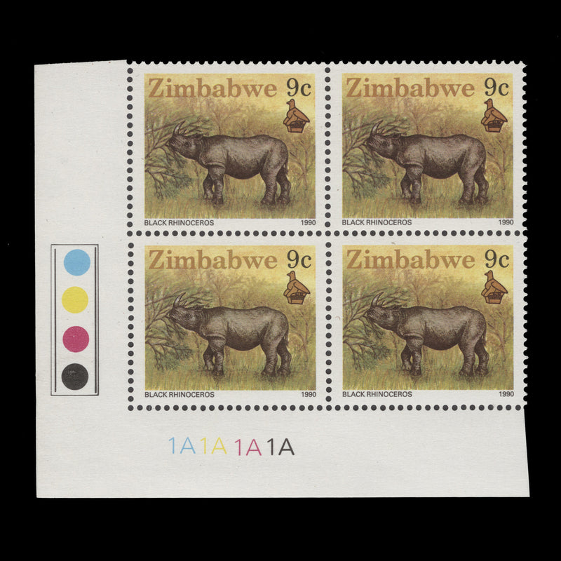 Zimbabwe 1990 (MNH) 9c Black Rhino plate 1A–1A–1A–1A block, perf 14½ x 14½