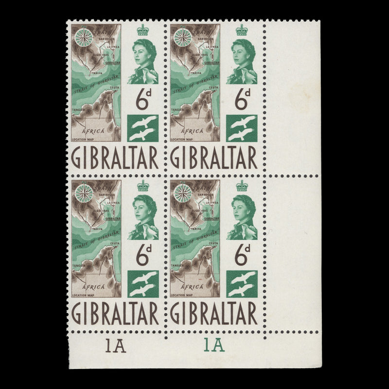 Gibraltar 1960 (MNH) 6d Map plate 1A–1A block