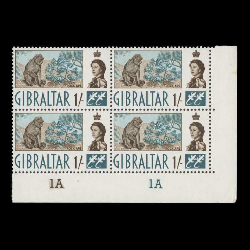 Gibraltar 1960 (MNH) 1s Barbary Ape plate 1A–1A block