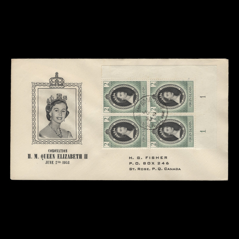 British Virgin Islands 1953 (FDC) 2c Coronation plate 1–1 block, ROAD TOWN