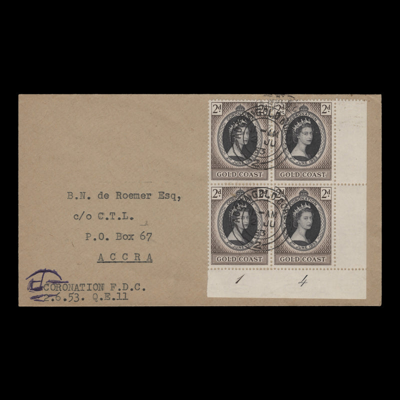 Gold Coast 1953 (FDC) 2d Coronation plate 1–4 block, ACCRA