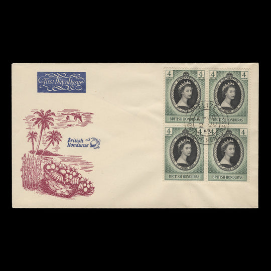 British Honduras 1953 (FDC) 4c Coronation block, BELIZE
