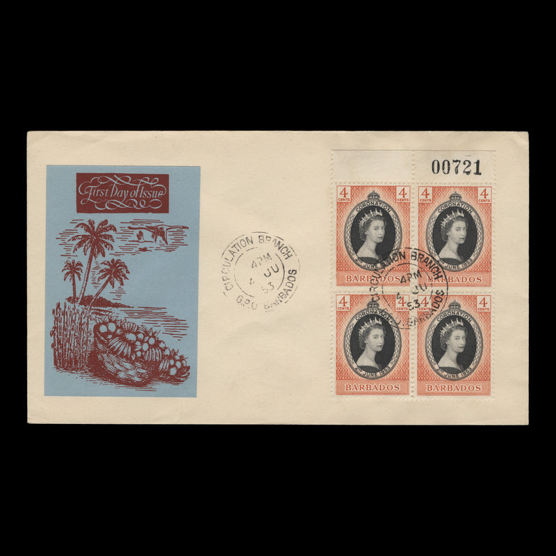 Barbados 1953 (FDC) 4c Coronation sheet number block, CIRCULATION BRANCH