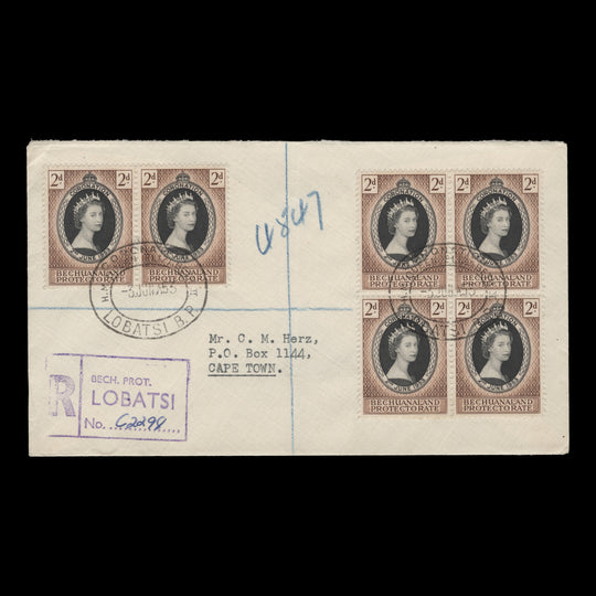 Bechuanaland 1953 (FDC) 2d Coronation block and pair, LOBATSI