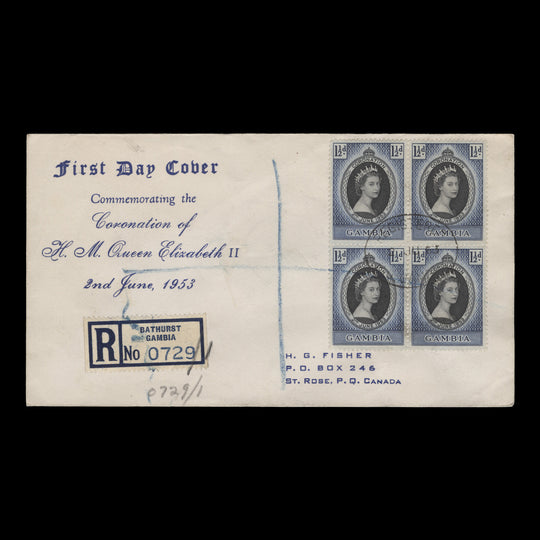 Gambia 1953 (FDC) 1½d Coronation block, REGISTERED