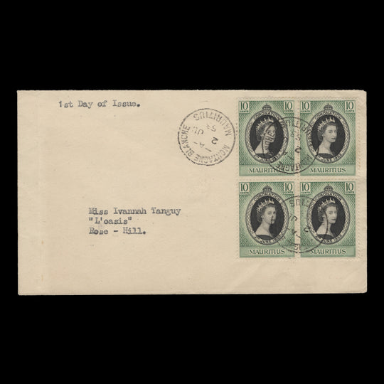 Mauritius 1953 (FDC) 10c Coronation block, MONTAGNE BLANCHE